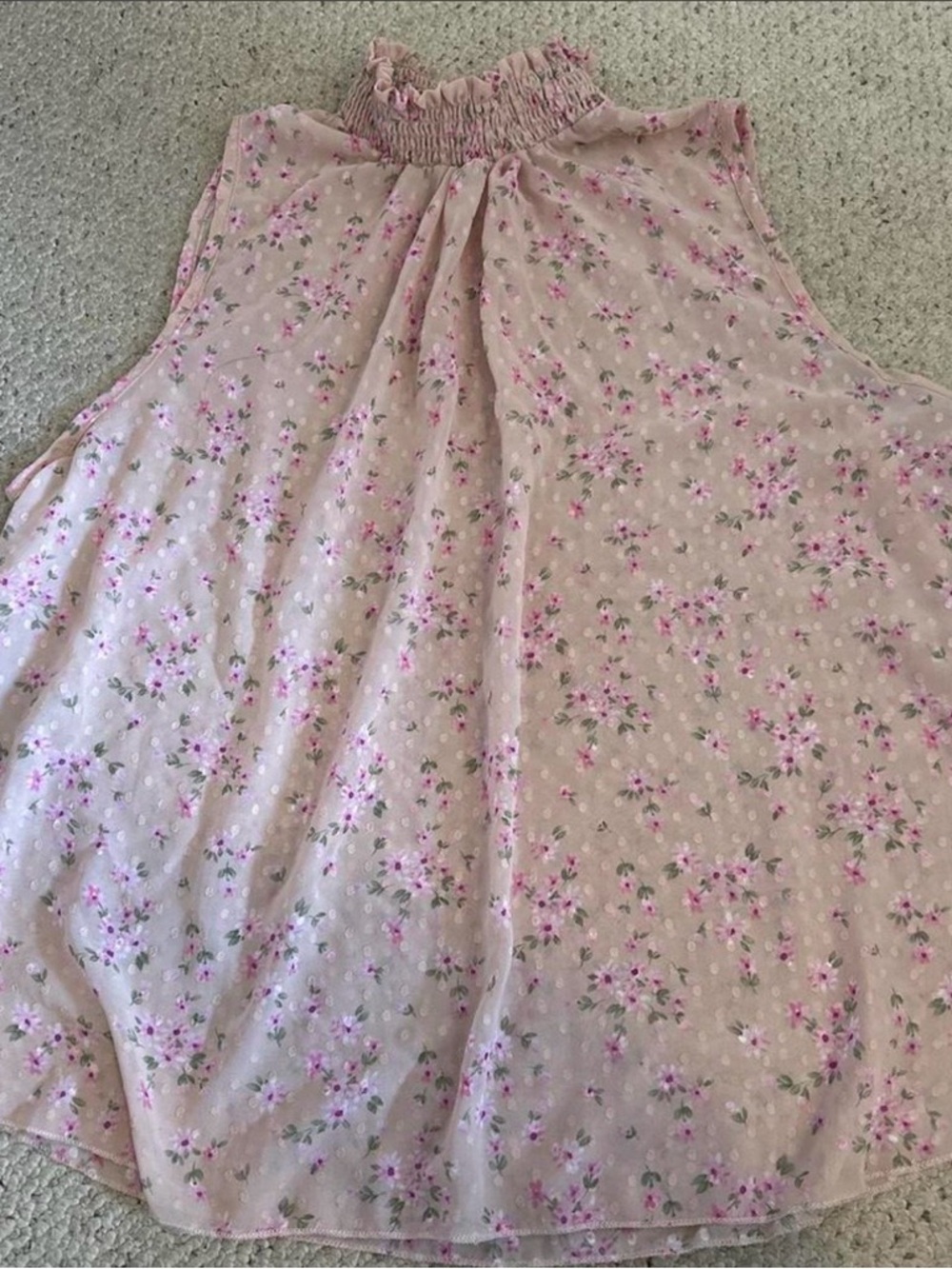 Smocked Neck Sleeveless Pink Floral Blouse